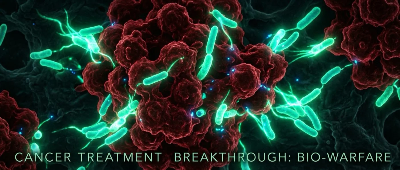 Scientists examining engineered bacteria under microscope for cancer treatment research