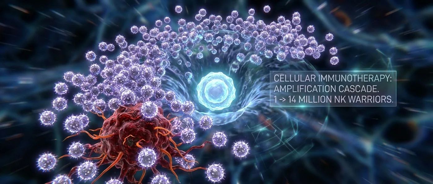 Microscopic view of natural killer cells generated from a single stem cell for cancer immunotherapy treatment