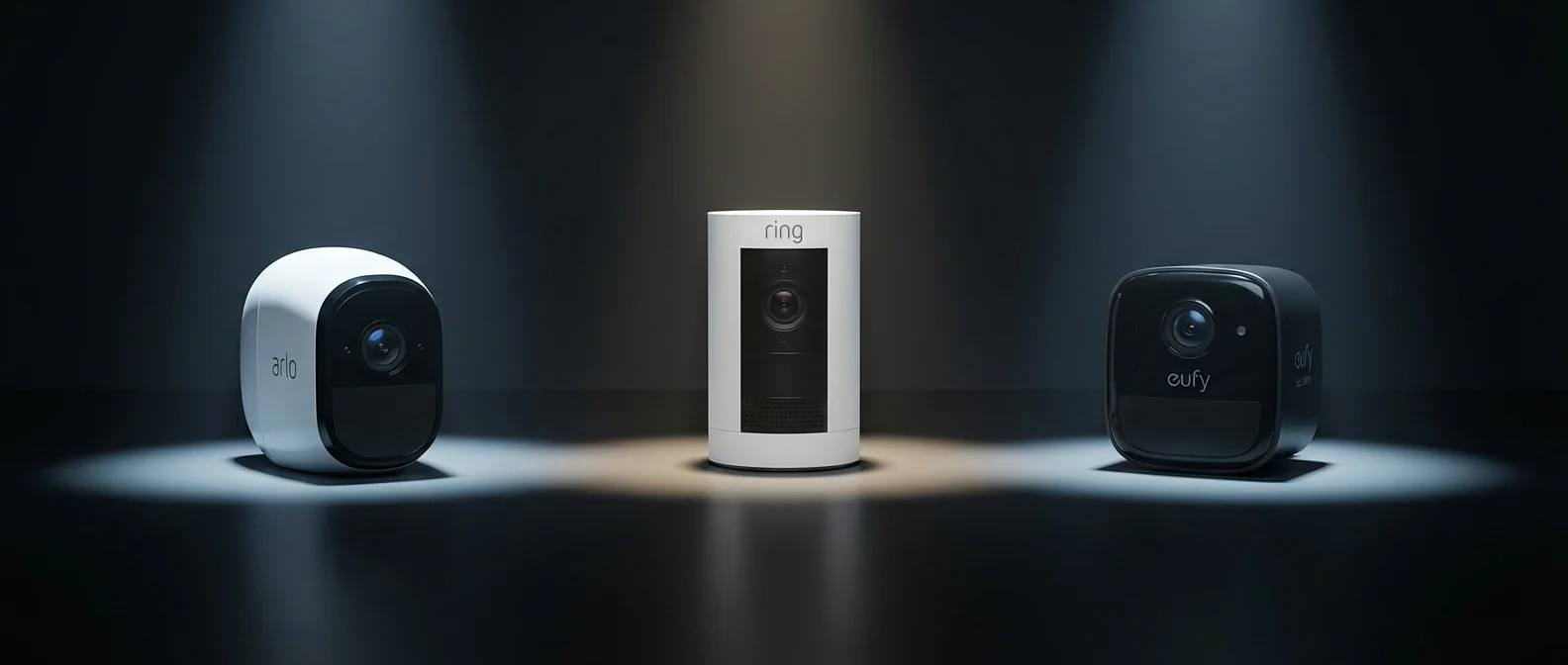 Side-by-side comparison of Arlo Pro 5, Ring Stick Up Cam, and Eufy SoloCam security cameras on white background