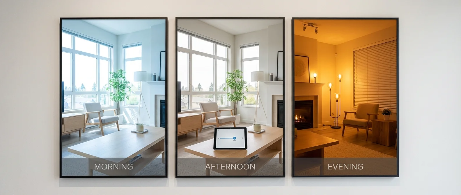 Smart home lighting automation dashboard showing multiple room scenarios and scheduling options