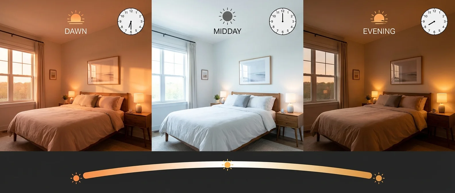 Smart circadian lighting system adjusting from cool white morning light to warm amber evening glow throughout the day
