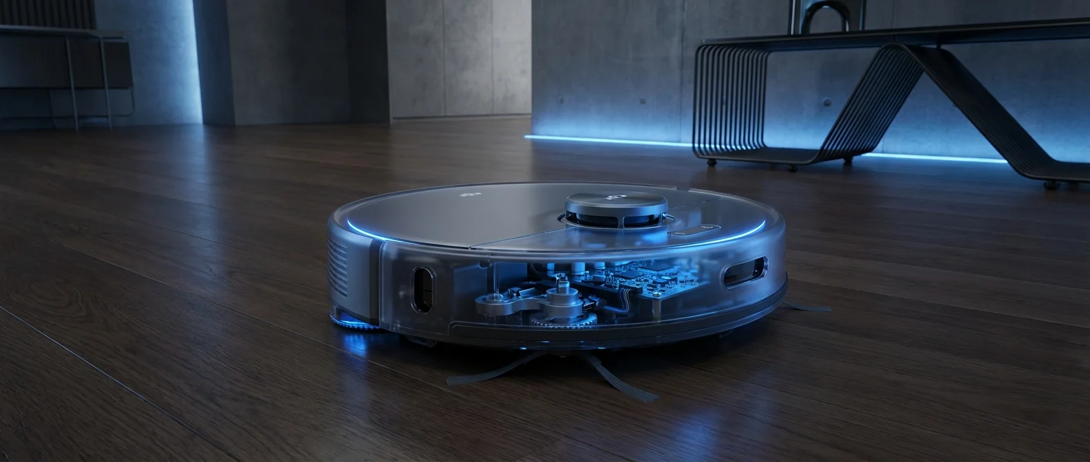 DJI Romo robot vacuum on hardwood floor showing sleek black design and LiDAR navigation system