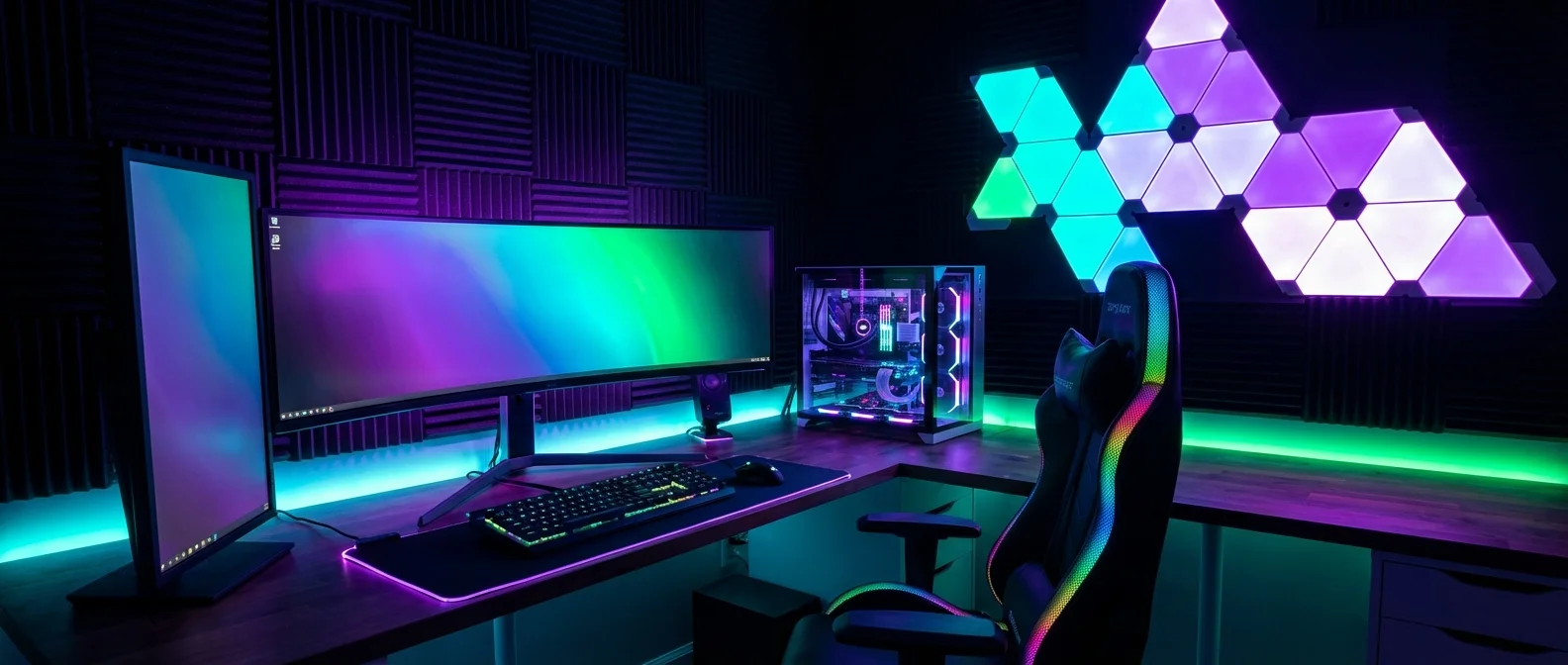 Modern gaming room with smart RGB lighting setup featuring Nanoleaf panels and LED strips