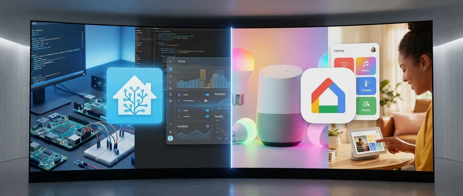 Home Assistant interface dashboard compared to Google Home app showing automation controls and smart device management