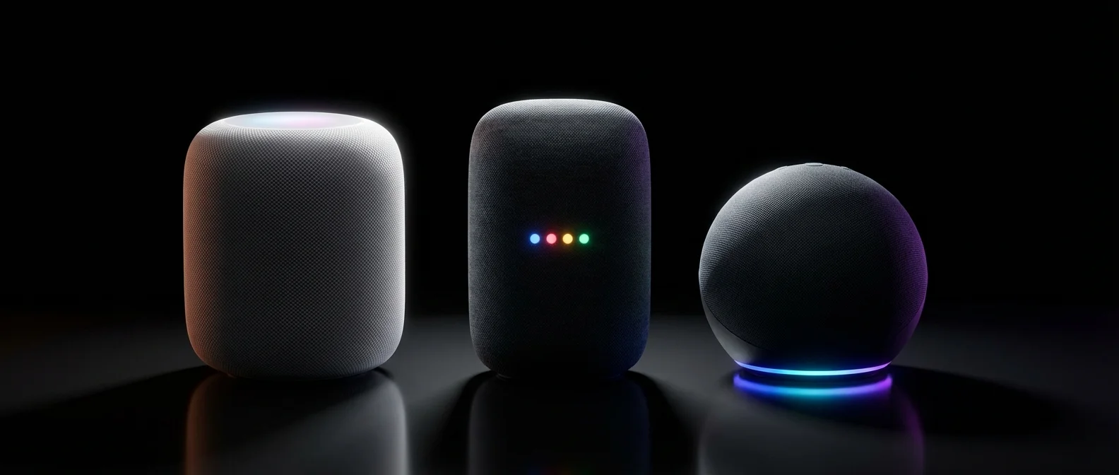 Side-by-side comparison of Apple HomeKit, Google Home and Amazon Alexa smart home interfaces showing their distinctive features and design philosophies