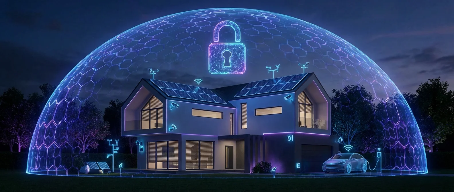 Smart home devices collecting user data with privacy protection symbols and security shields