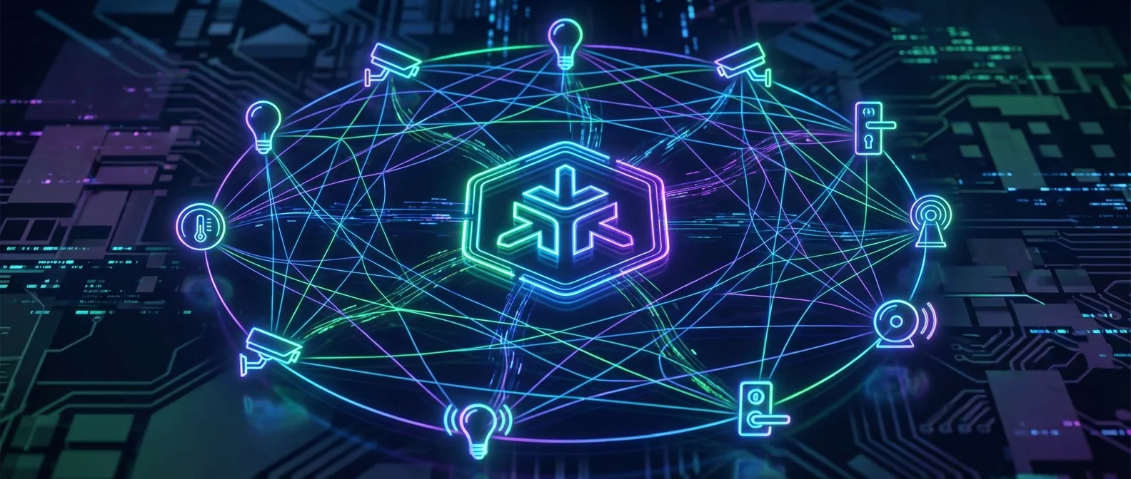 Matter protocol logo and smart home ecosystem diagram showing unified connectivity between Apple, Google, and Amazon devices