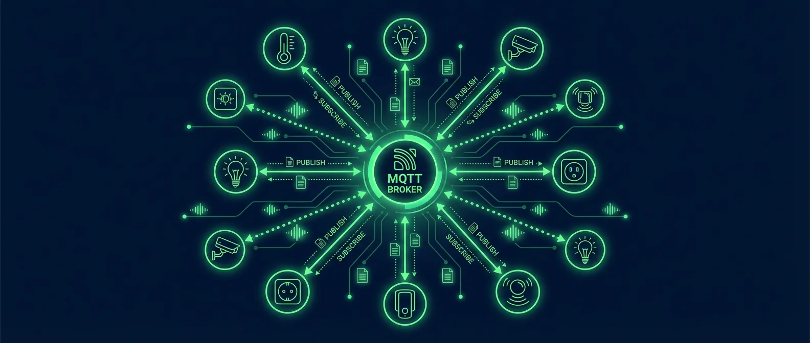 MQTT protocol architecture diagram showing publisher, broker, and subscriber components in smart home network