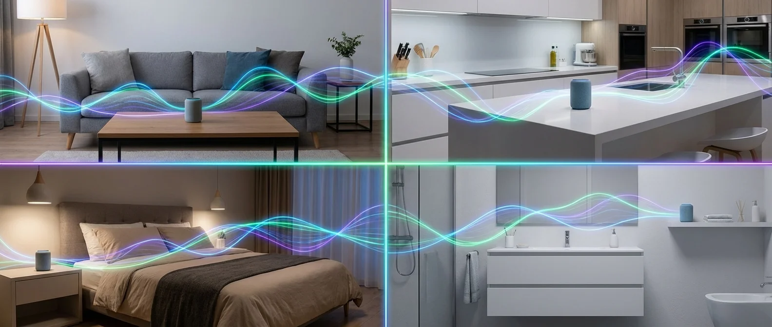 Multi-room audio setup showing synchronized wireless speakers throughout different rooms of a modern smart home
