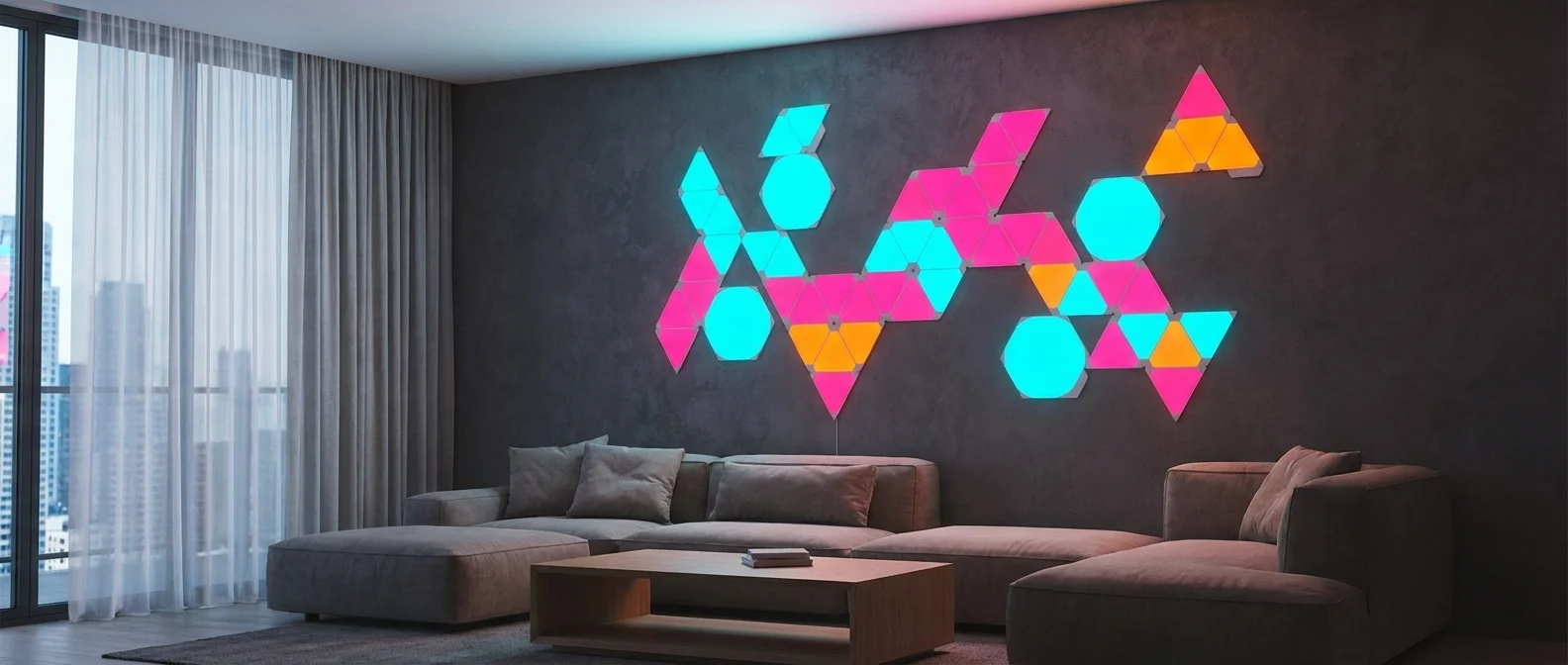 Nanoleaf 2026 smart light panels σε τρίγωνα και εξάγωνα στον τοίχο με πολύχρωμο φωτισμό