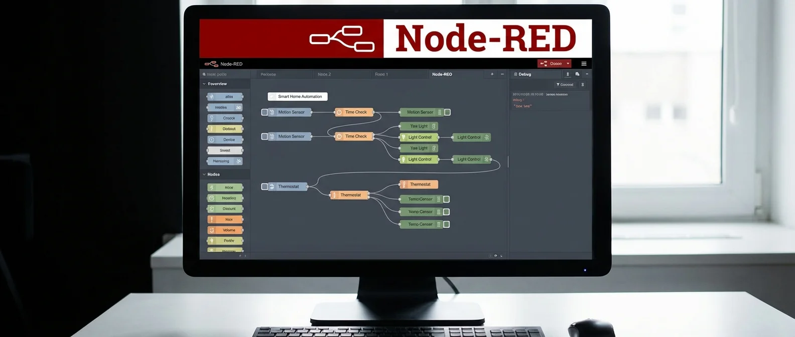 Node-RED visual programming interface showing drag-and-drop automation flows for smart home control