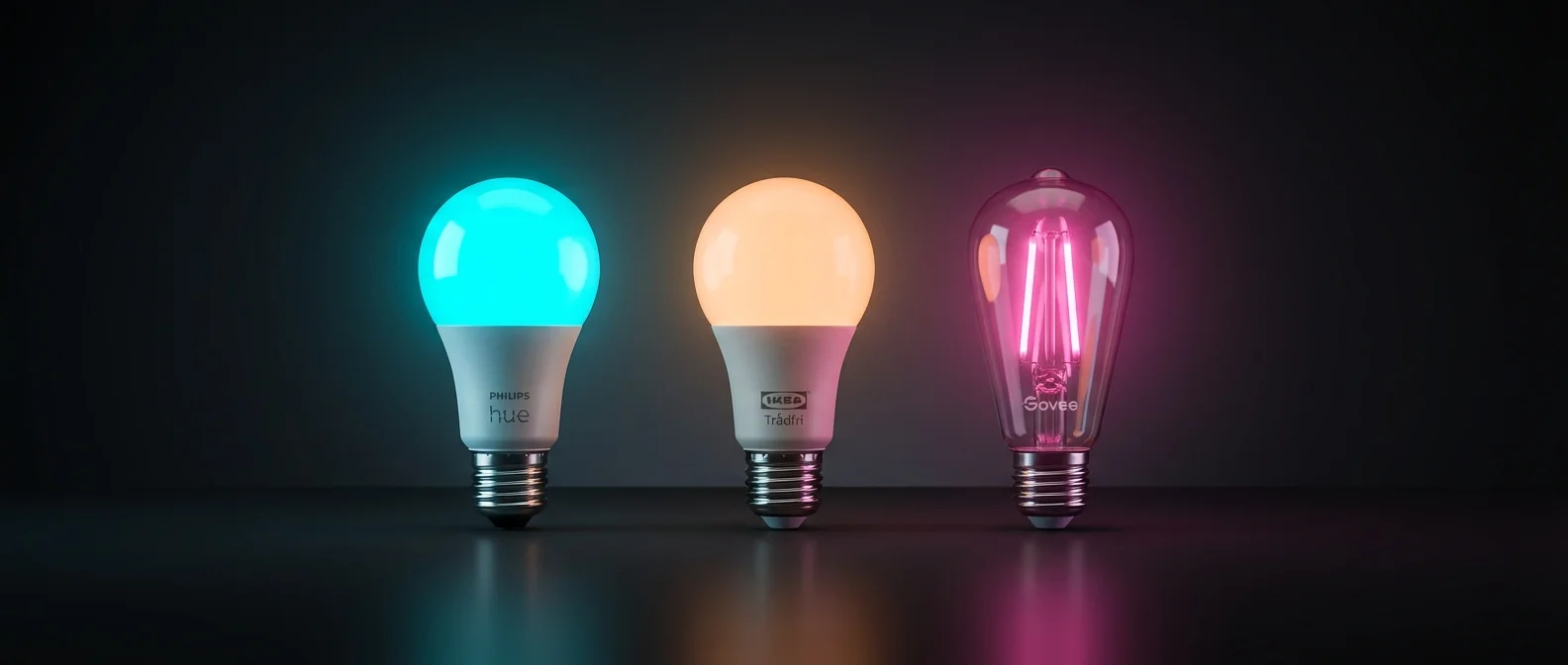 Side-by-side comparison of Philips Hue, IKEA Trådfri, and Govee smart bulbs with price and feature breakdown