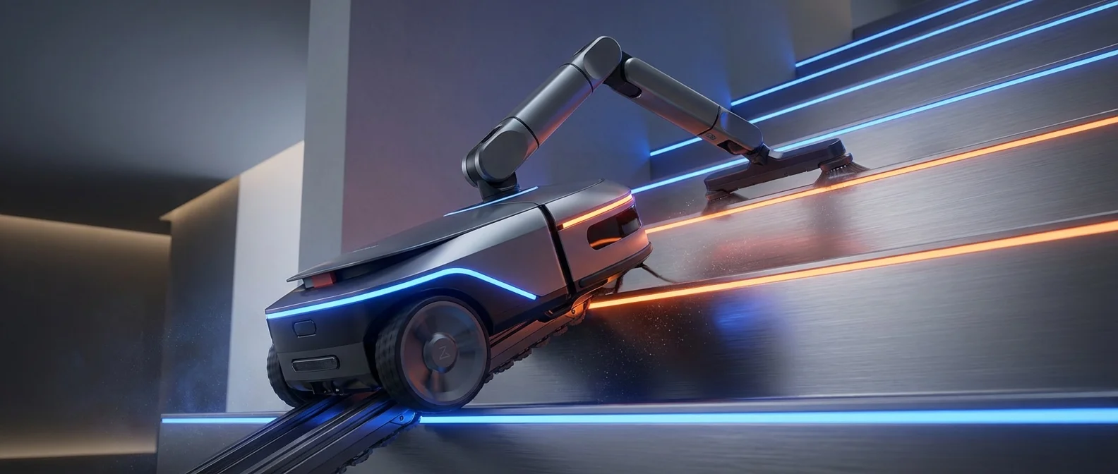 Roborock Saros Z70 robot vacuum demonstrating stair climbing capability with extended robotic arm