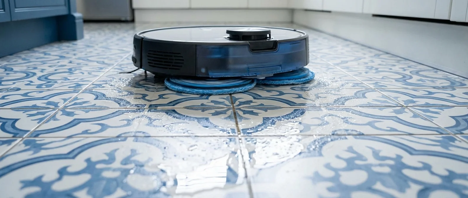 Advanced robot vacuum with integrated mopping system cleaning hardwood floors in modern home