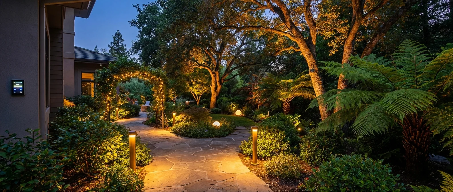 Smart LED garden lights illuminating outdoor landscape with automated motion sensors and solar panels