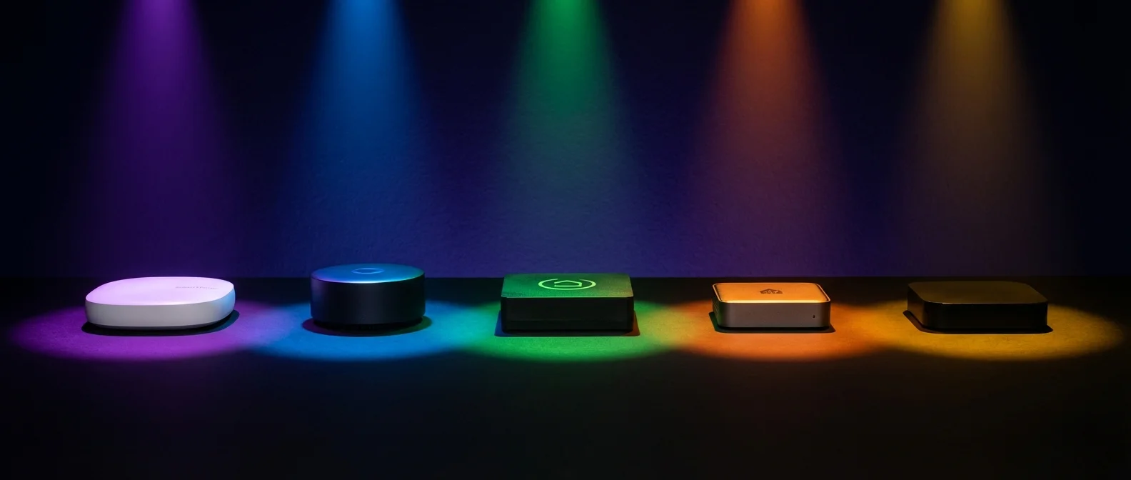 Comparison chart of 7 smart home hubs including Amazon Echo, Google Nest, Apple HomePod, and Homey Pro with protocol compatibility