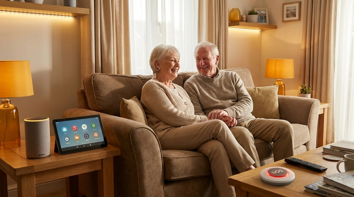 Smart home devices for elderly safety including fall sensors, SOS buttons, and automated lighting systems
