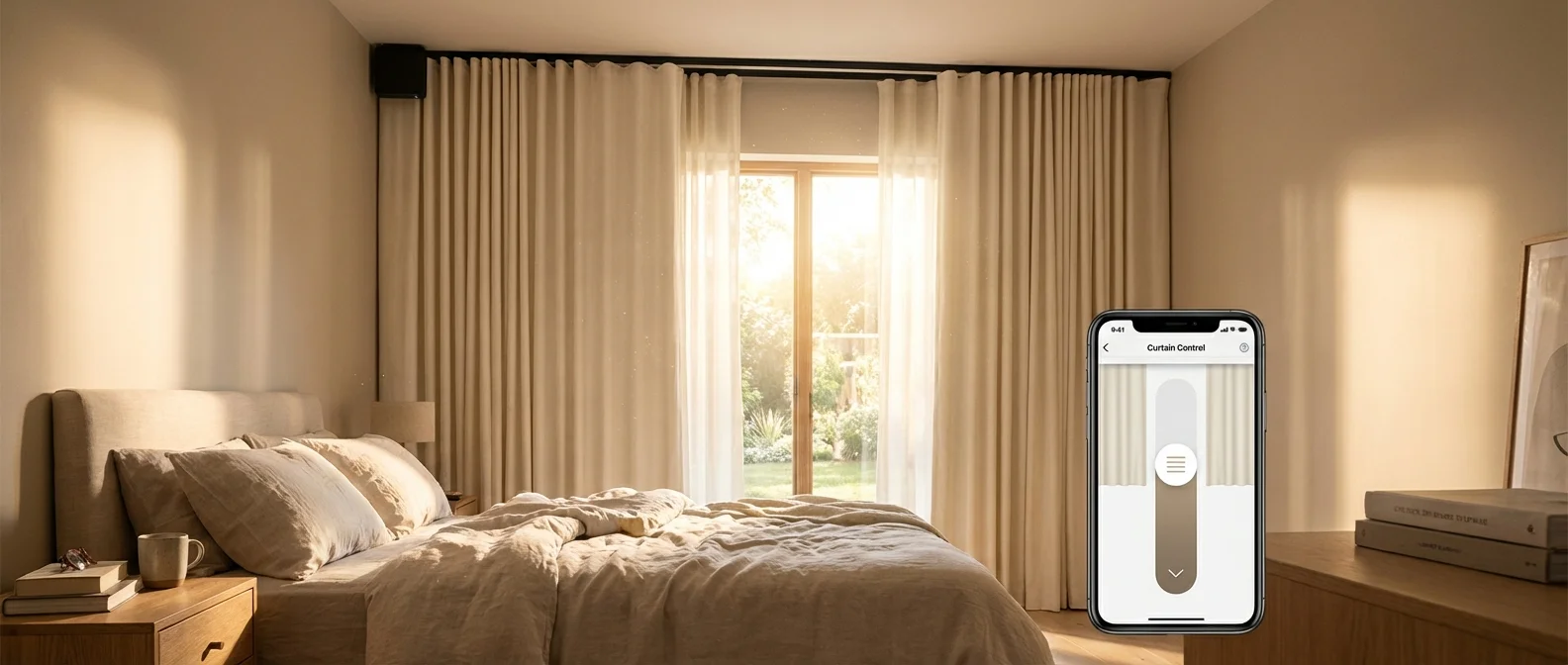 Smart curtains automatically opening at sunrise with smartphone app control and various smart blind systems displayed