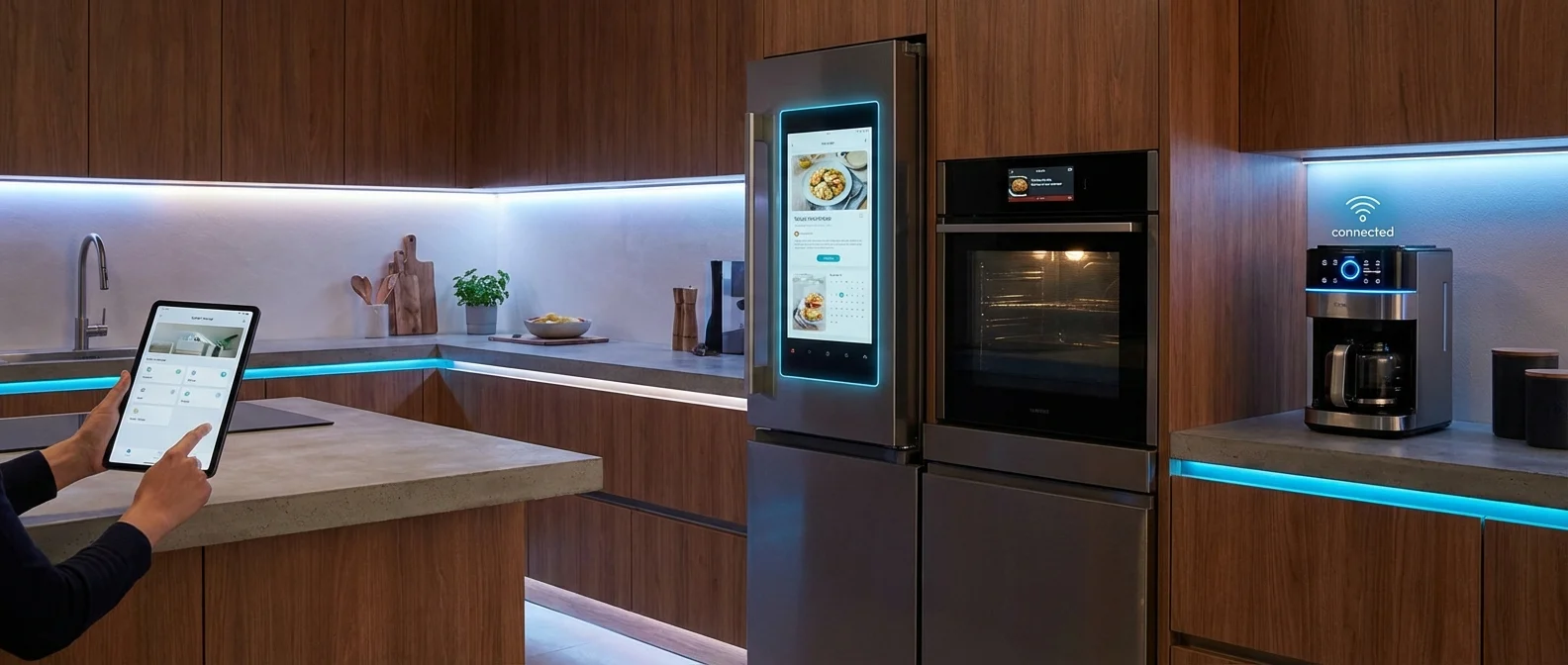 Modern smart kitchen showcasing AI-powered appliances including connected oven, smart fridge, and automated coffee machine for 2026
