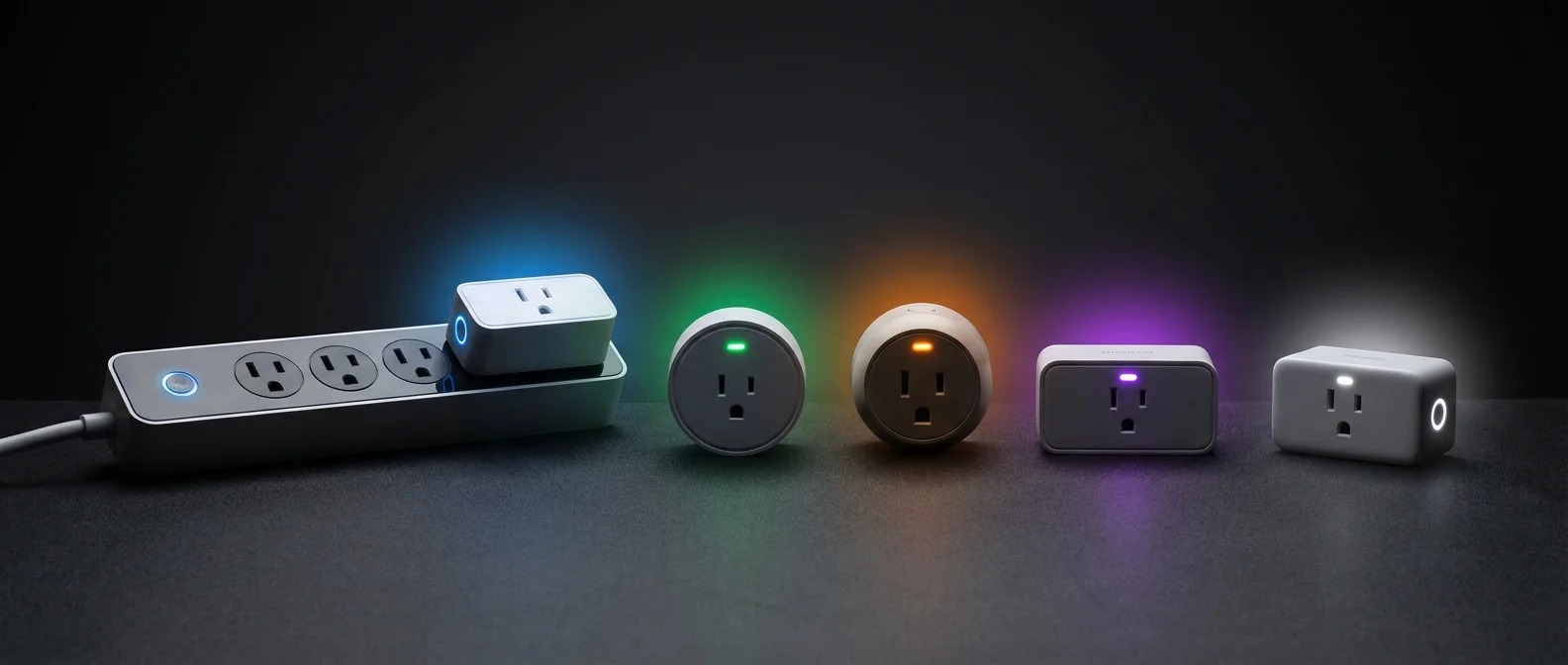 Top 10 smart plugs of 2026 comparison featuring TP-Link, Shelly, and Meross models with energy monitoring displays