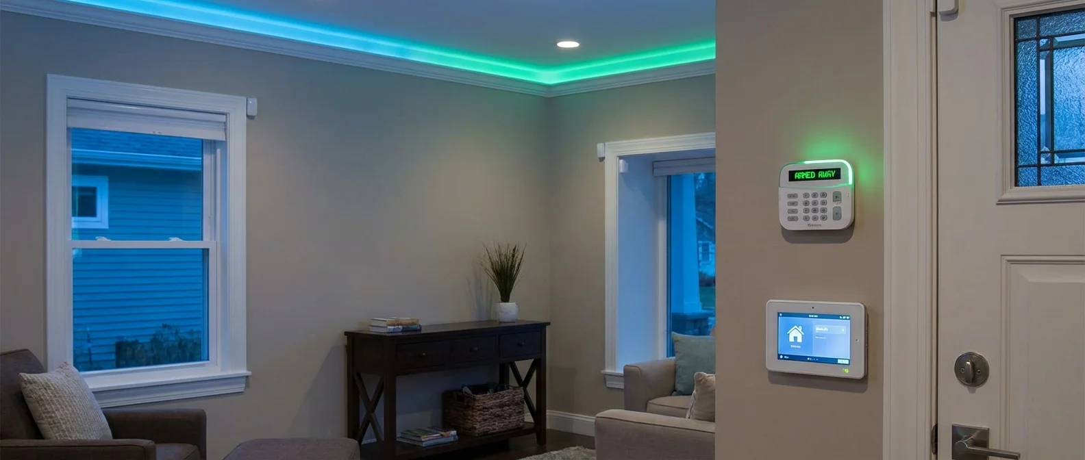 Smart home alarm control panel with mobile app integration and wireless sensors