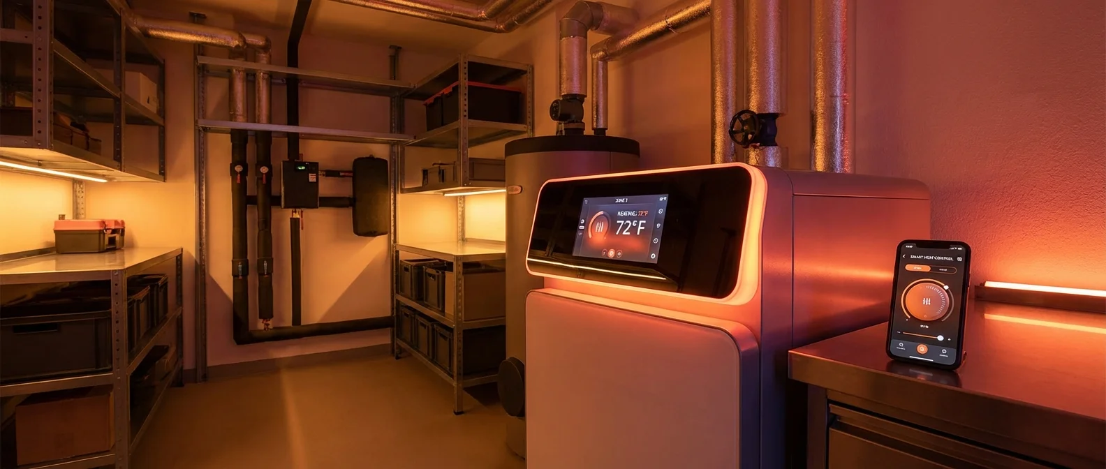 Smart thermostat connected to modern gas boiler with digital display showing temperature settings and scheduling options