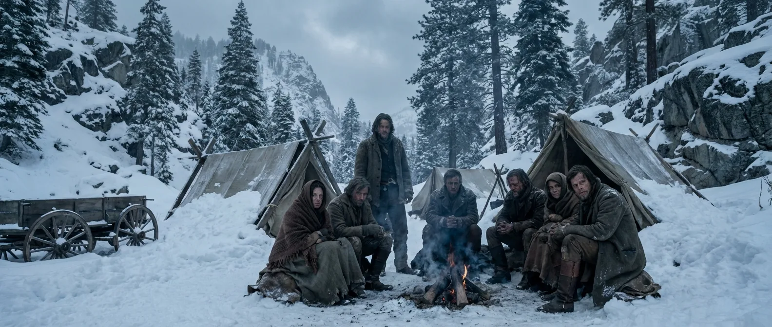 Donner Party survivors crossing the snow-covered Sierra Nevada mountains in 1846