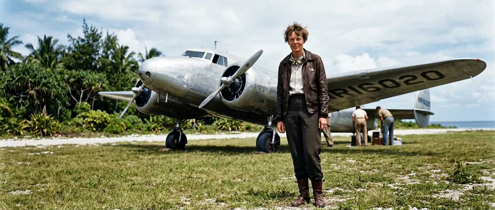 Amelia Earhart standing next to her aircraft before her final flight in 1937