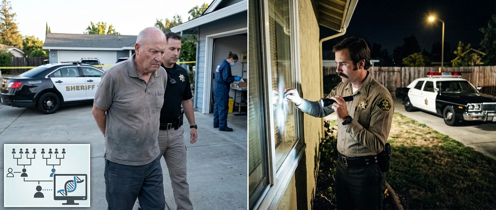 Joseph James DeAngelo arrest photo and crime scene evidence from Golden State Killer investigation