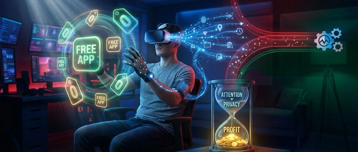 Illustration showing the hidden costs of free digital services and how user data becomes the real product