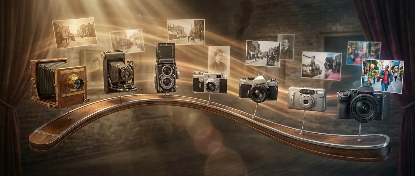 Historic timeline showing the evolution of photography from camera obscura to modern digital cameras