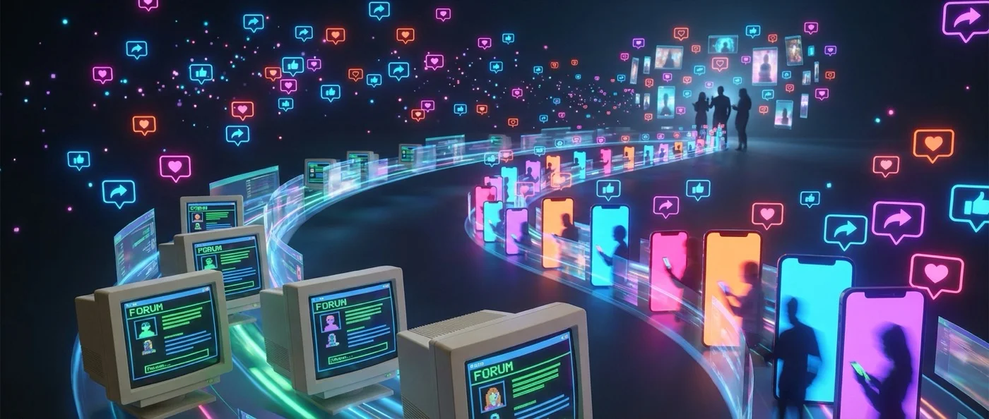Timeline showing evolution of social media platforms from MySpace to TikTok with user statistics