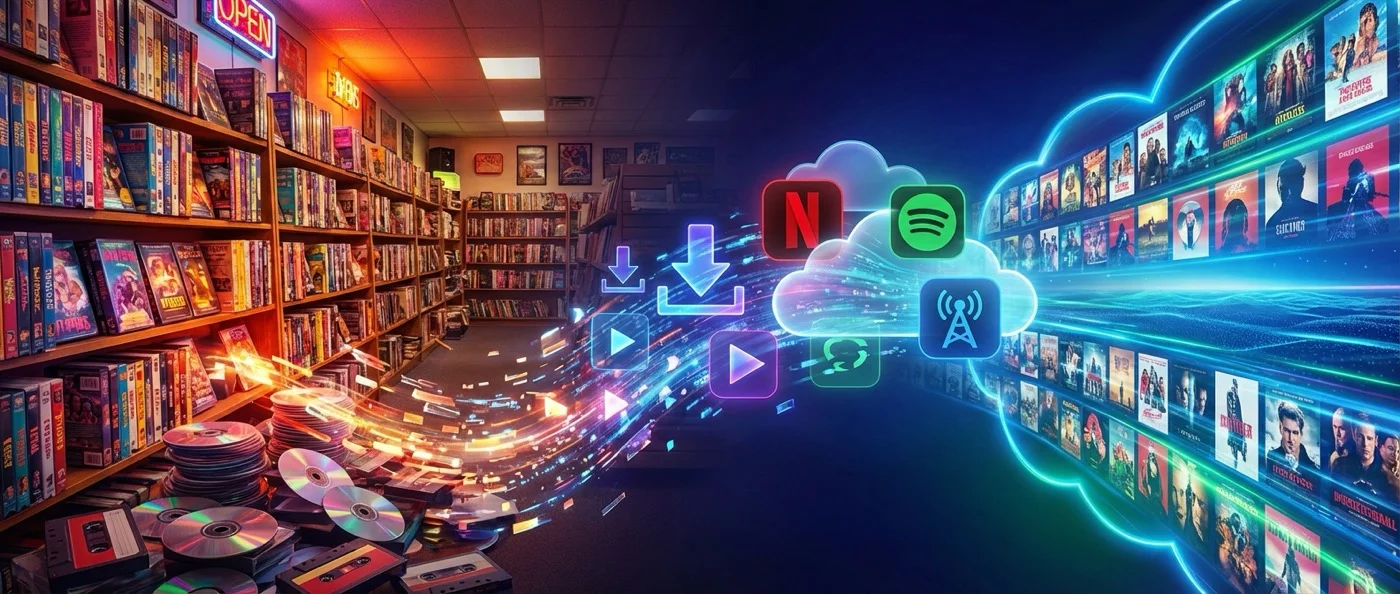 Timeline showing the evolution from physical media to digital downloads to streaming services