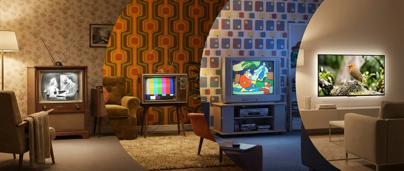 Historical timeline showing television evolution from mechanical spinning disk to modern streaming devices