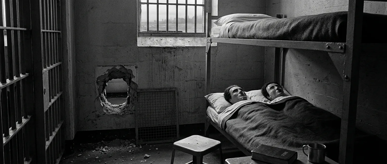 Alcatraz Federal Penitentiary rising from San Francisco Bay waters, showing the fortress-like prison structure