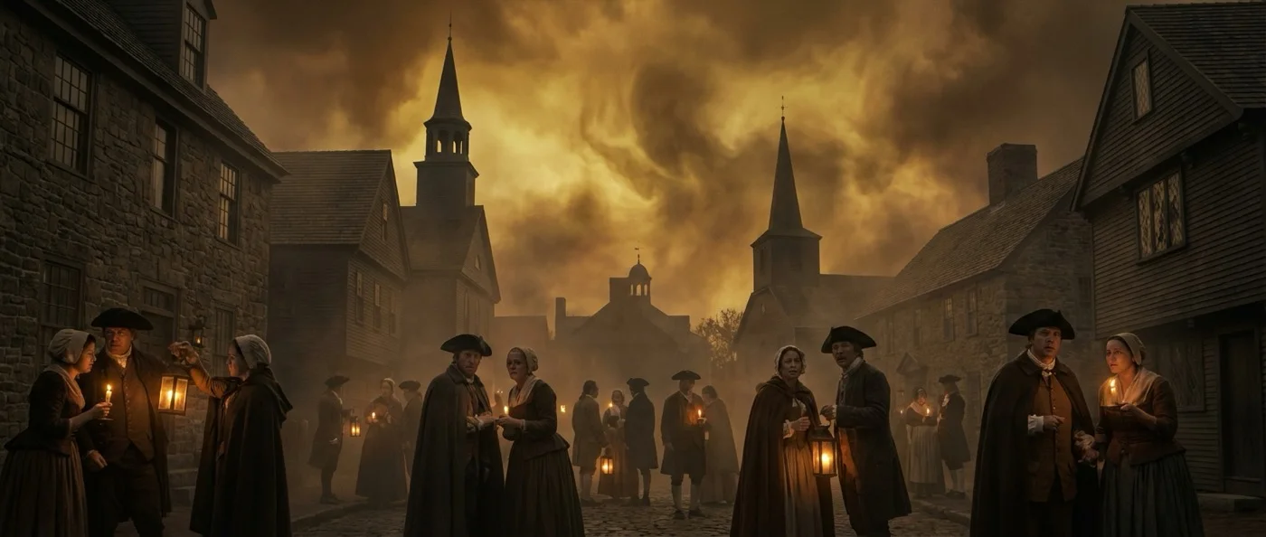 Dark sky over colonial New England village during the mysterious Dark Day of 1780, with people lighting candles at noon