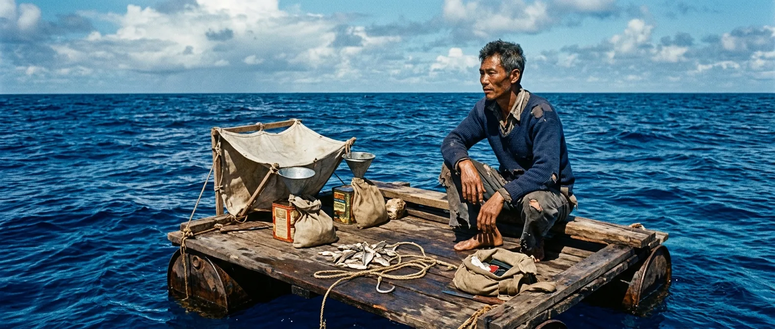 Poon Lim on his life raft during his 133-day survival ordeal in the Atlantic Ocean during World War II