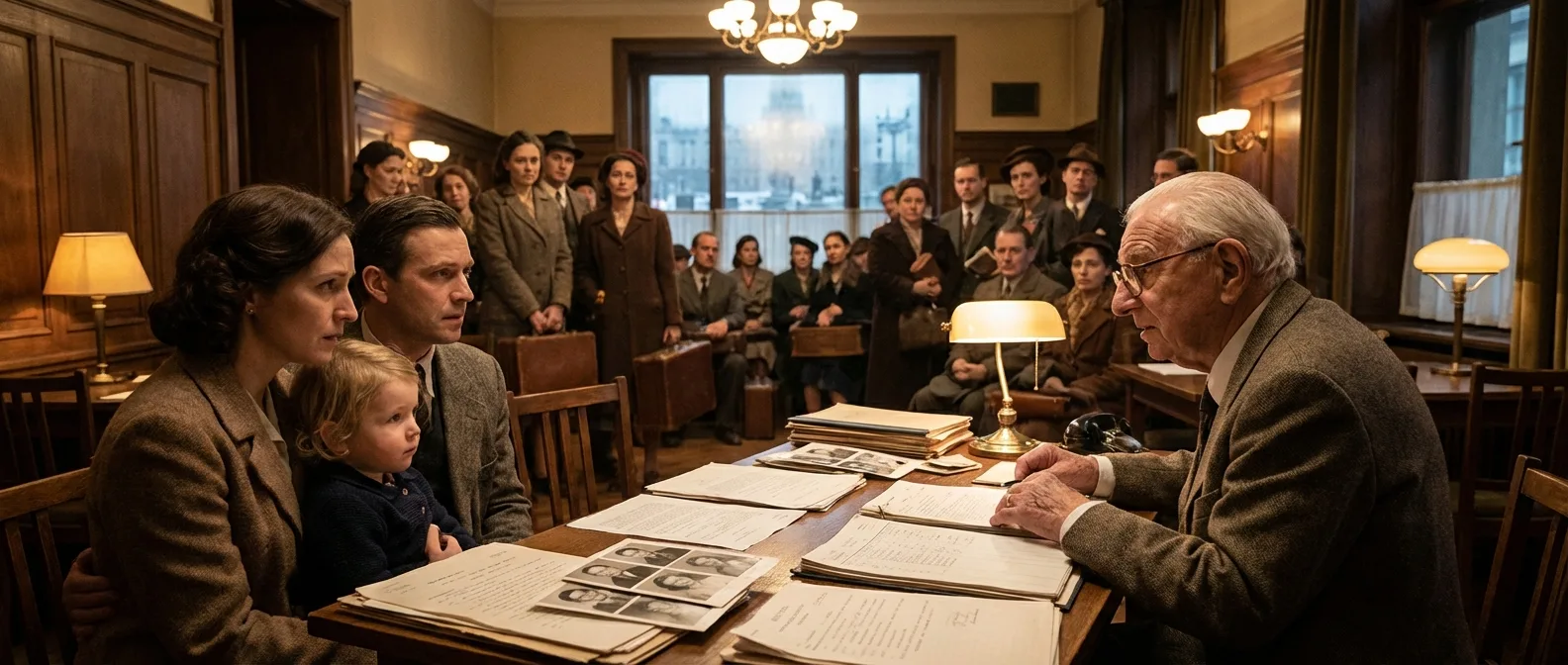 Nicholas Winton organizing rescue operations from his makeshift office, coordinating the evacuation of 669 children from Nazi-occupied territories