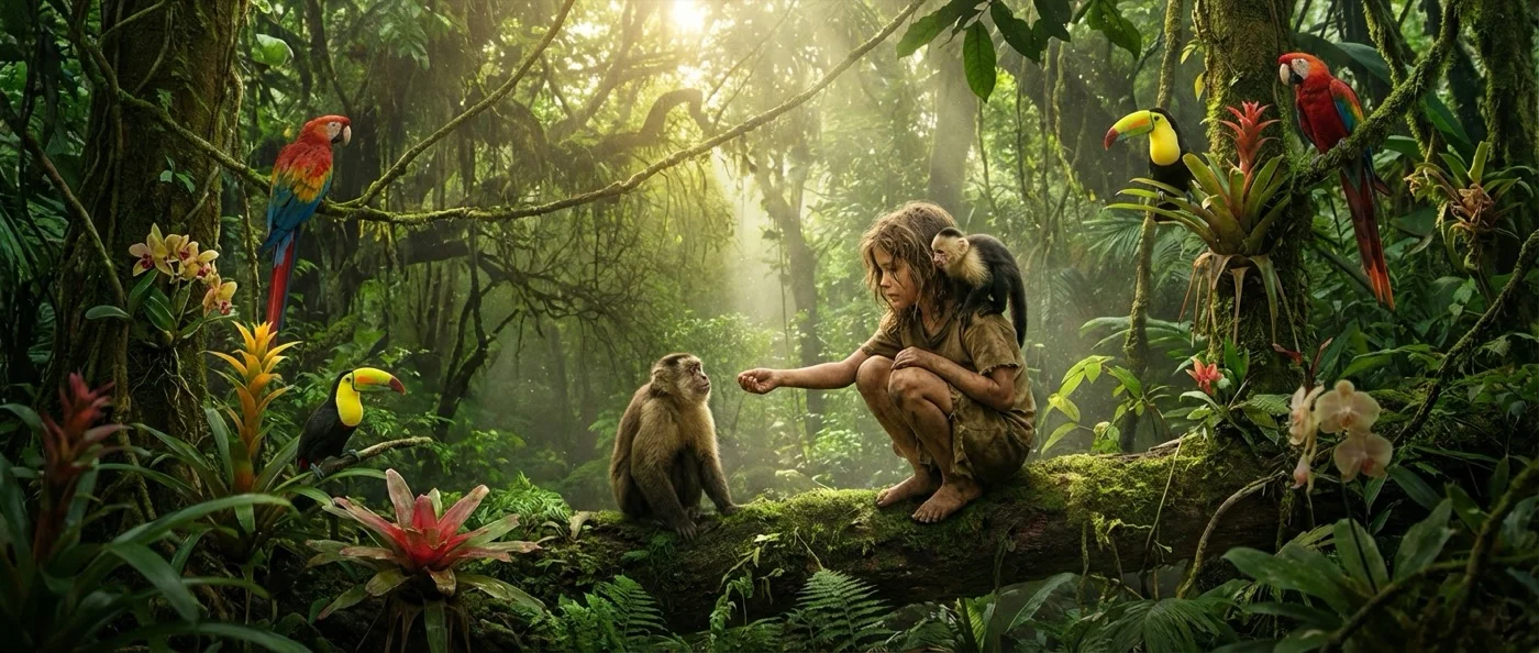 Marina Chapman as a child in the Colombian jungle surrounded by capuchin monkeys