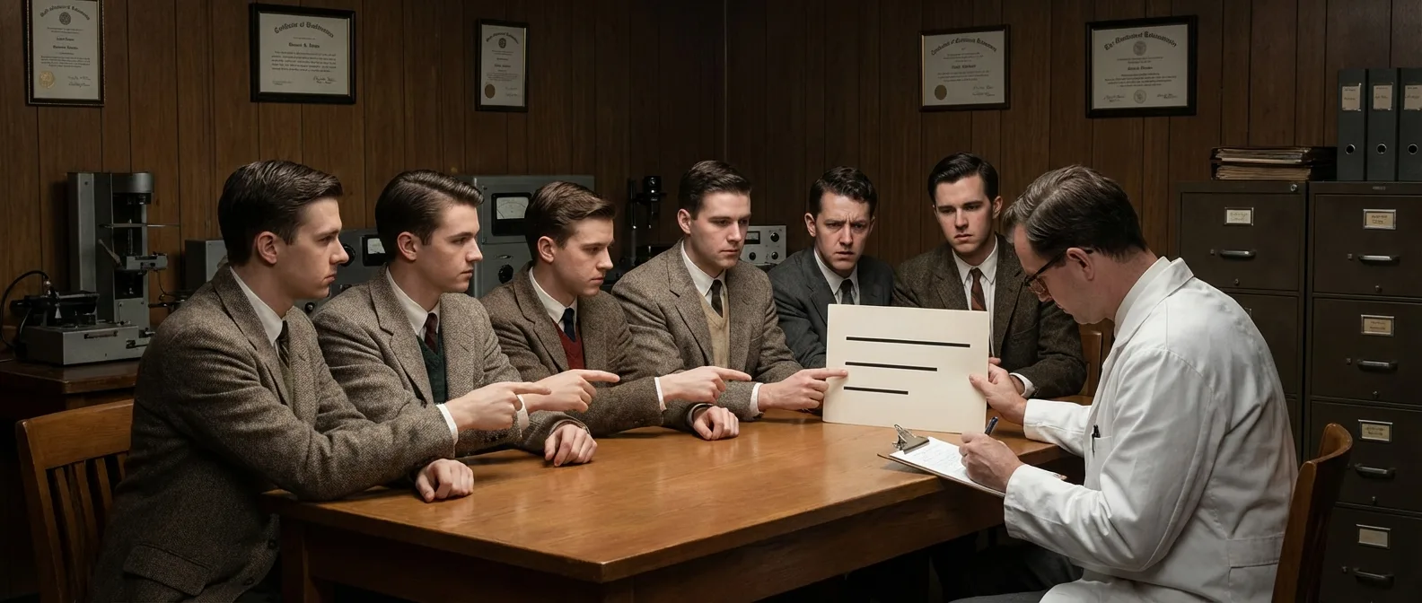 Solomon Asch conducting his famous conformity experiment with participants choosing between line lengths