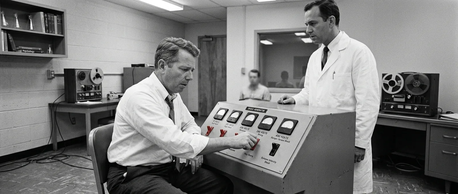 Stanley Milgram conducting his famous obedience experiment with electric shock machine and participants
