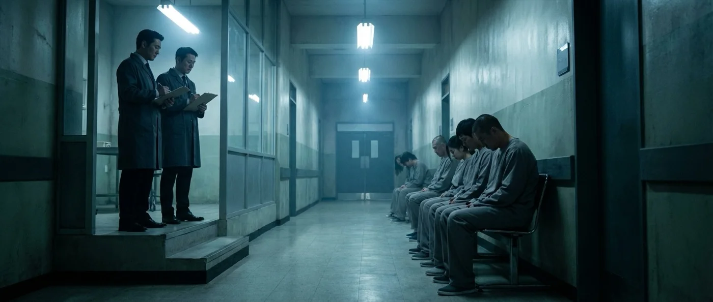 Stanford Prison Experiment recreation showing student guards and prisoners in a simulated prison environment