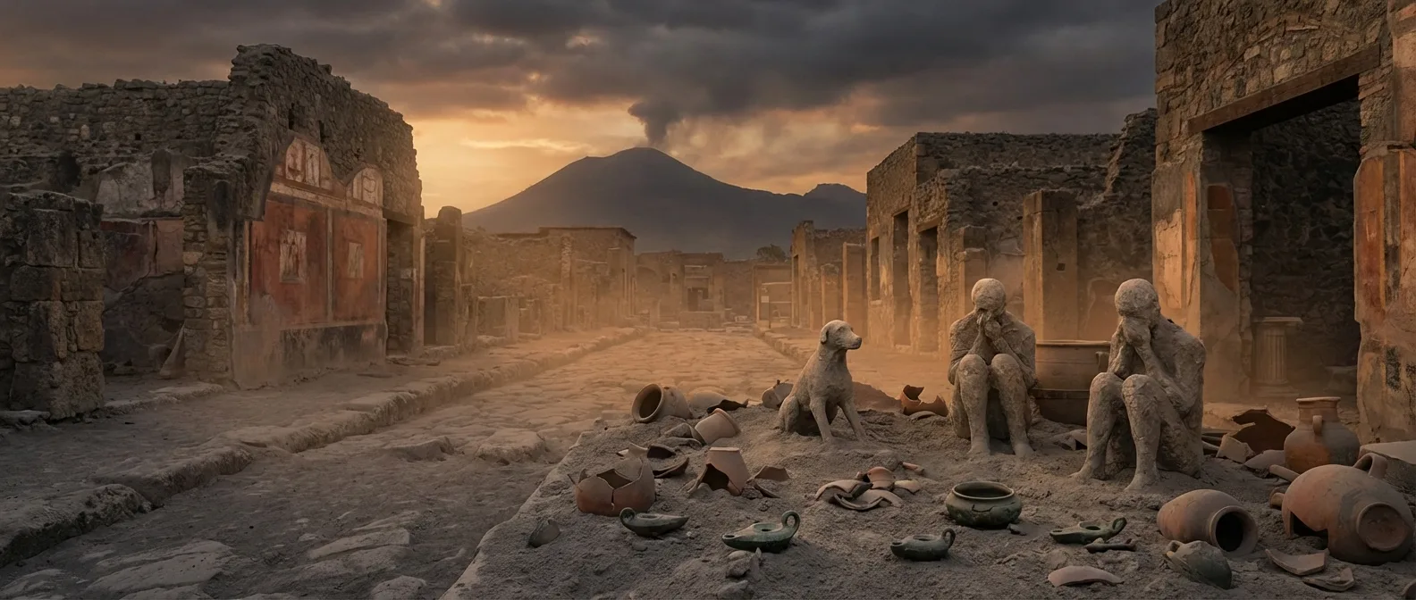 Preserved streets and buildings of ancient Pompeii with Mount Vesuvius looming in the background