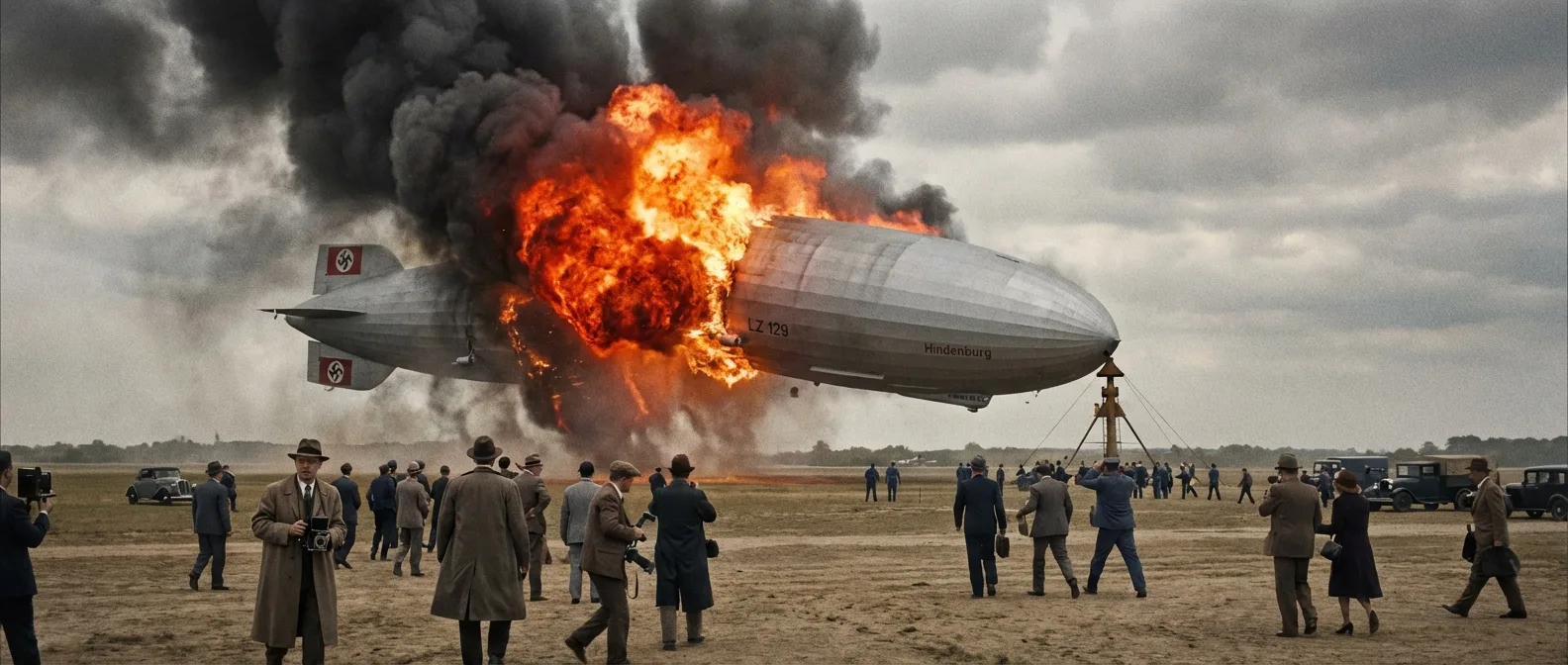 The Hindenburg airship engulfed in flames during the 1937 disaster at Lakehurst Naval Air Station