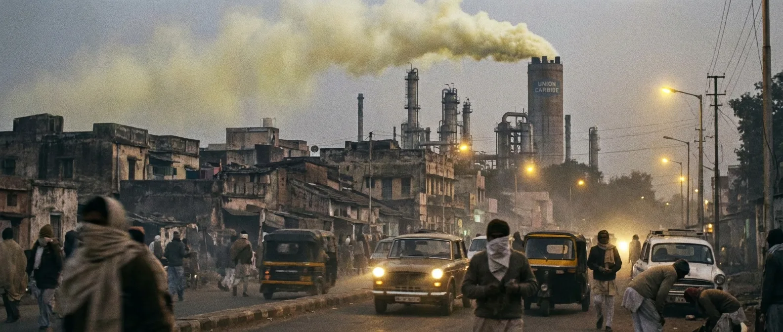 Aftermath of the Bhopal gas tragedy showing abandoned Union Carbide plant and memorial