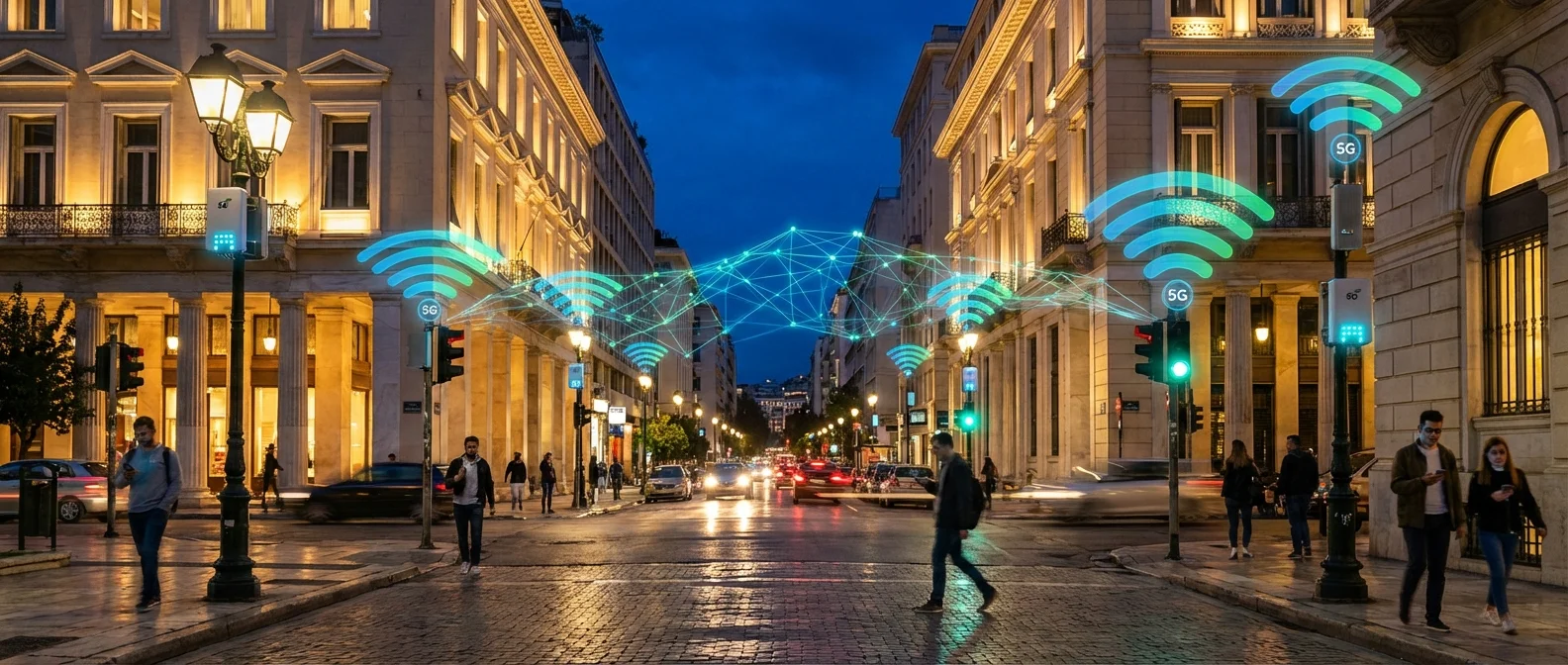 5G small cell antenna mounted on urban lamp post showing compact wireless infrastructure