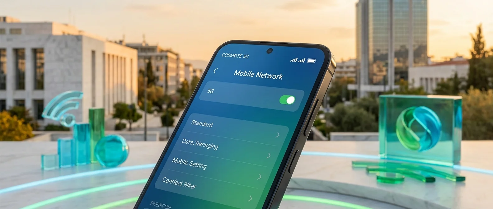 COSMOTE 5G network setup interface showing activation steps and APN configuration settings