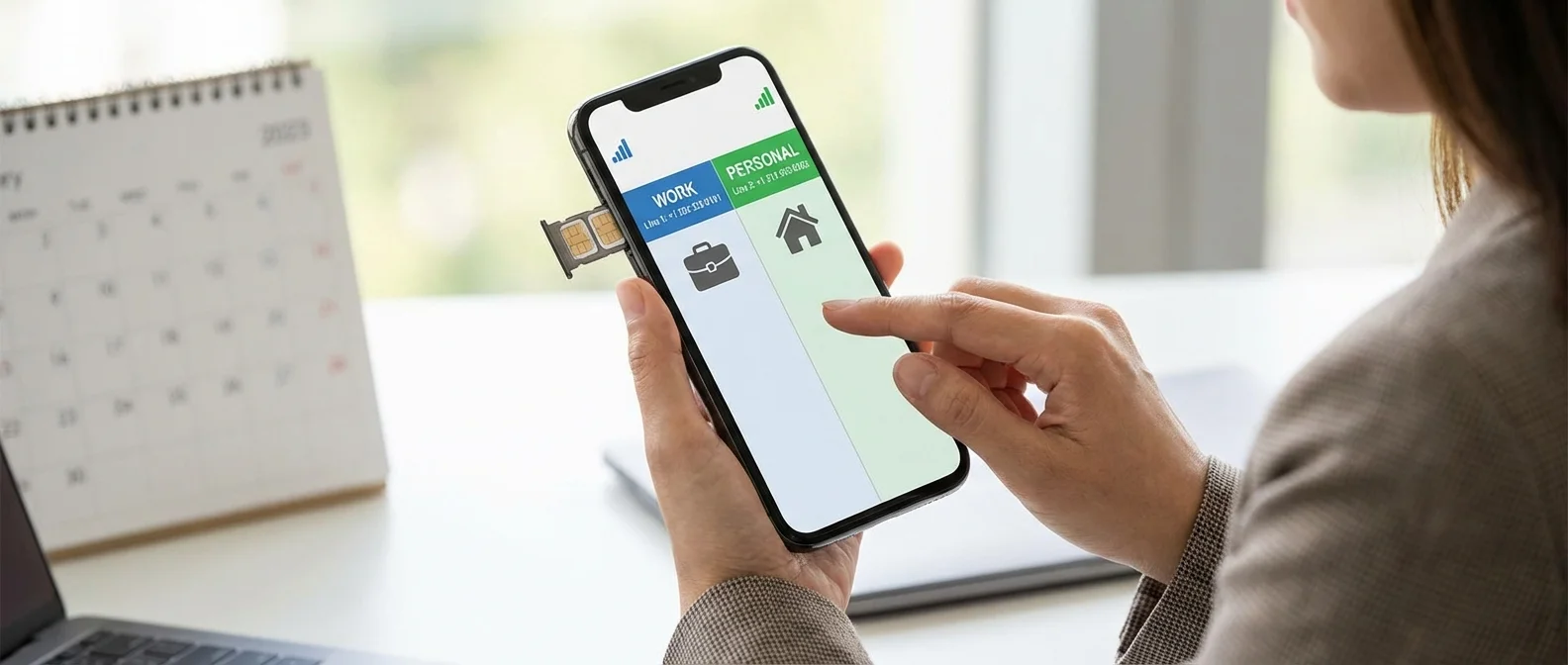 Dual SIM smartphone showing two active phone numbers with different carriers on screen display