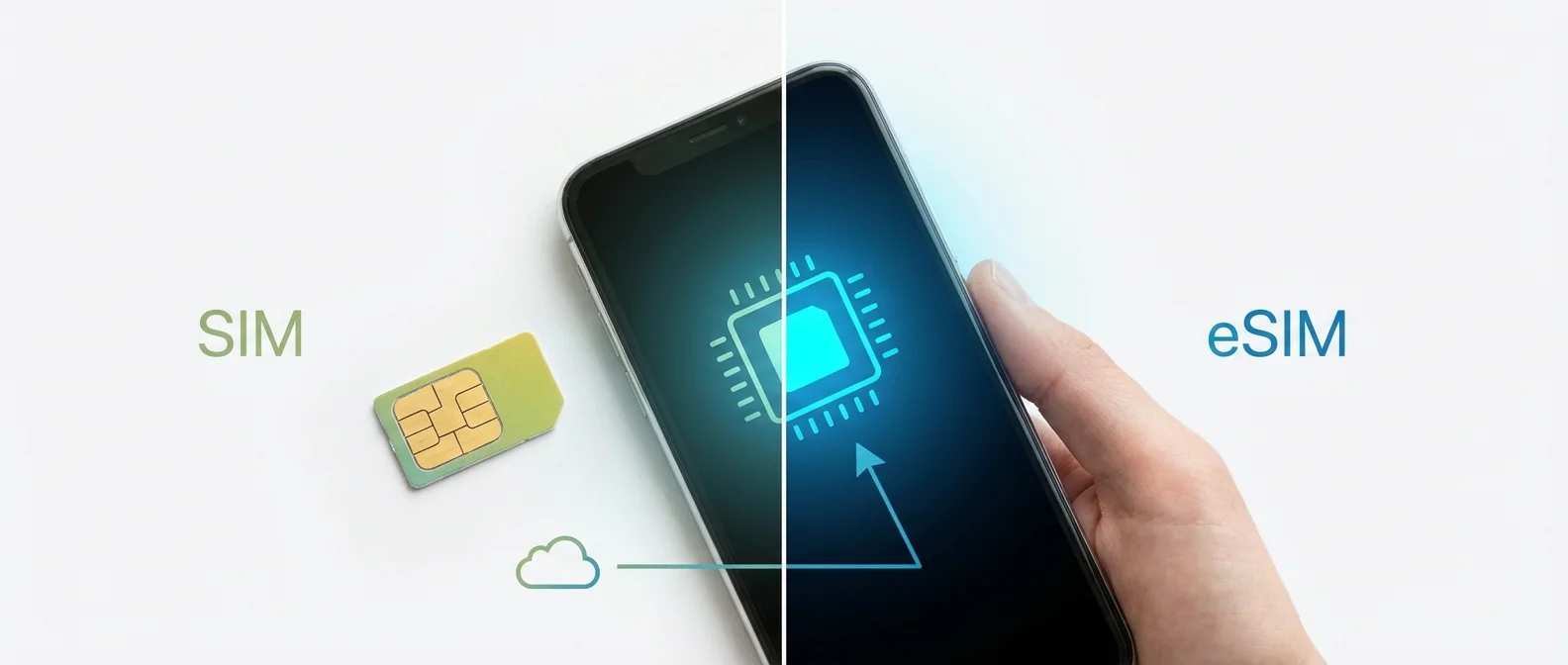 Side-by-side comparison showing eSIM chip embedded in smartphone circuit board versus traditional physical nano SIM card