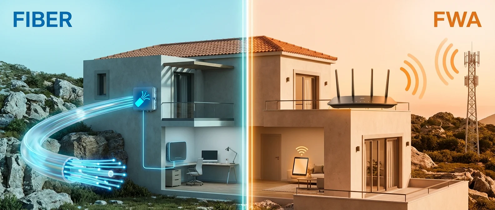 Side-by-side comparison of fiber optic cable and 5G FWA antenna technology for home internet connections